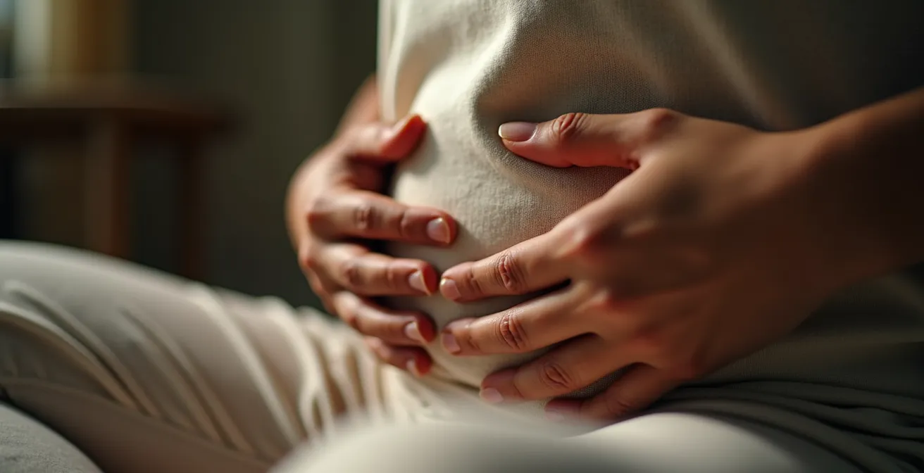 Eine Person demonstriert die 4-7-8 Atemtechnik, indem sie eine Hand auf den Bauch legt, um die tiefe Zwerchfellatmung zu spüren.