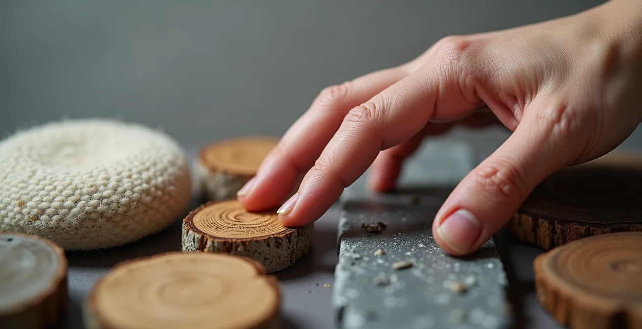 Nahaufnahme einer Hand, die verschiedene Texturen wie Stoff, Stein und Holz berührt, um Sinneswahrnehmung darzustellen.