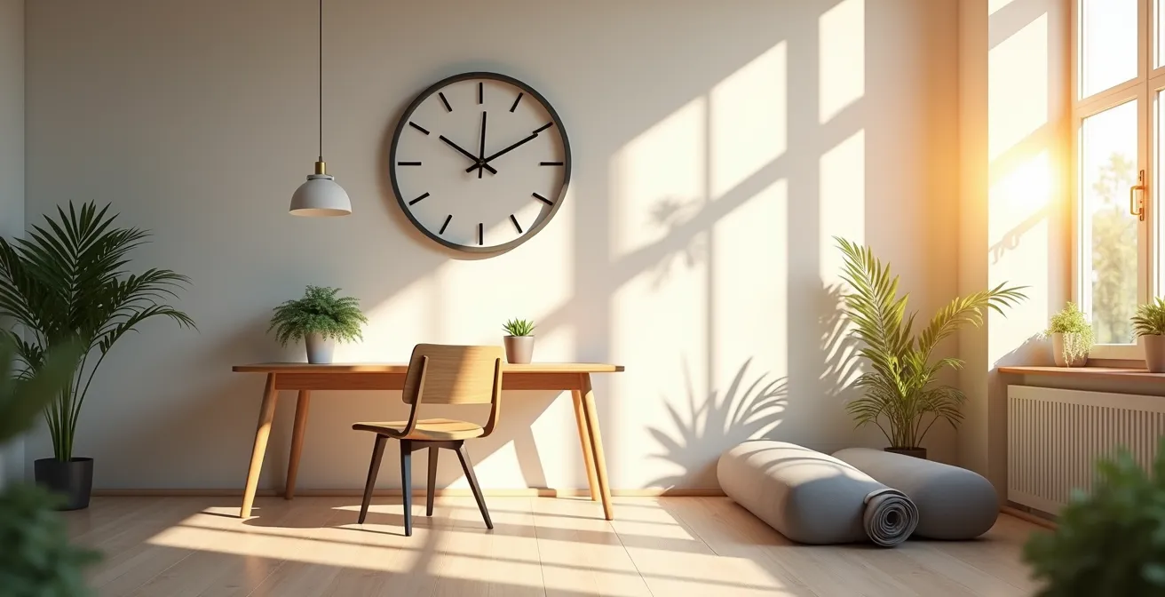 Visuelle Darstellung der 52-17-Methode mit Zeitblöcken für Arbeit und Erholungsphasen in einem modernen, hellen deutschen Büro.