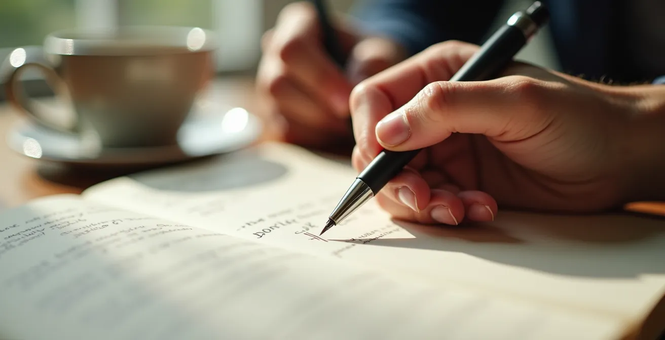 Nahaufnahme von Händen, die in ein Notizbuch schreiben, mit Kaffeetasse im unscharfen Hintergrund