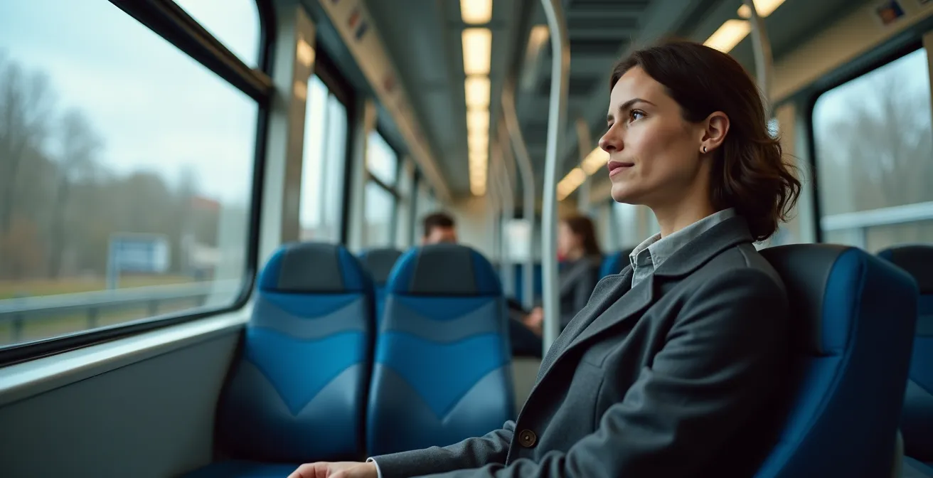 Ein Pendler praktiziert Achtsamkeit, indem er während der Fahrt ruhig aus dem Fenster einer deutschen S-Bahn blickt.