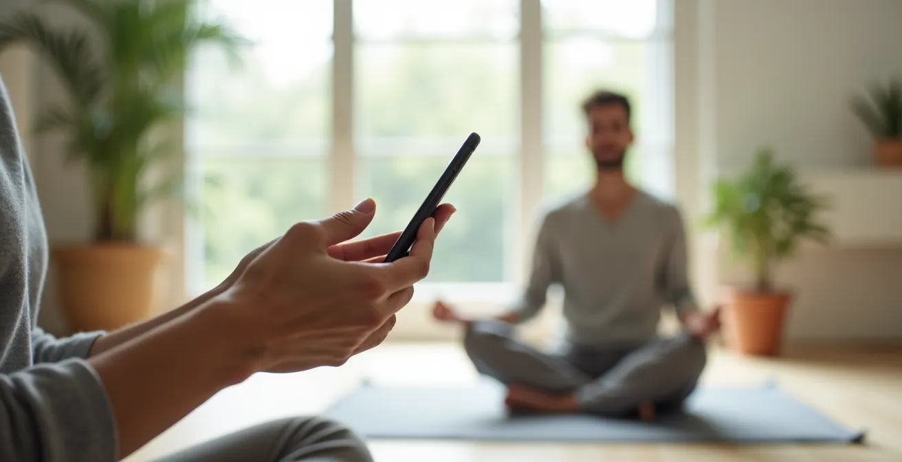 Eine Hand hält ein Smartphone von hinten, der Bildschirm ist unscharf, während im Hintergrund eine Person in Meditationshaltung sitzt.