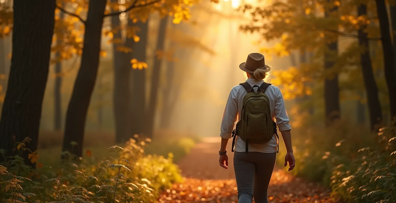 Person beim meditativen Waldspaziergang auf deutschem Waldweg im Herbstlicht