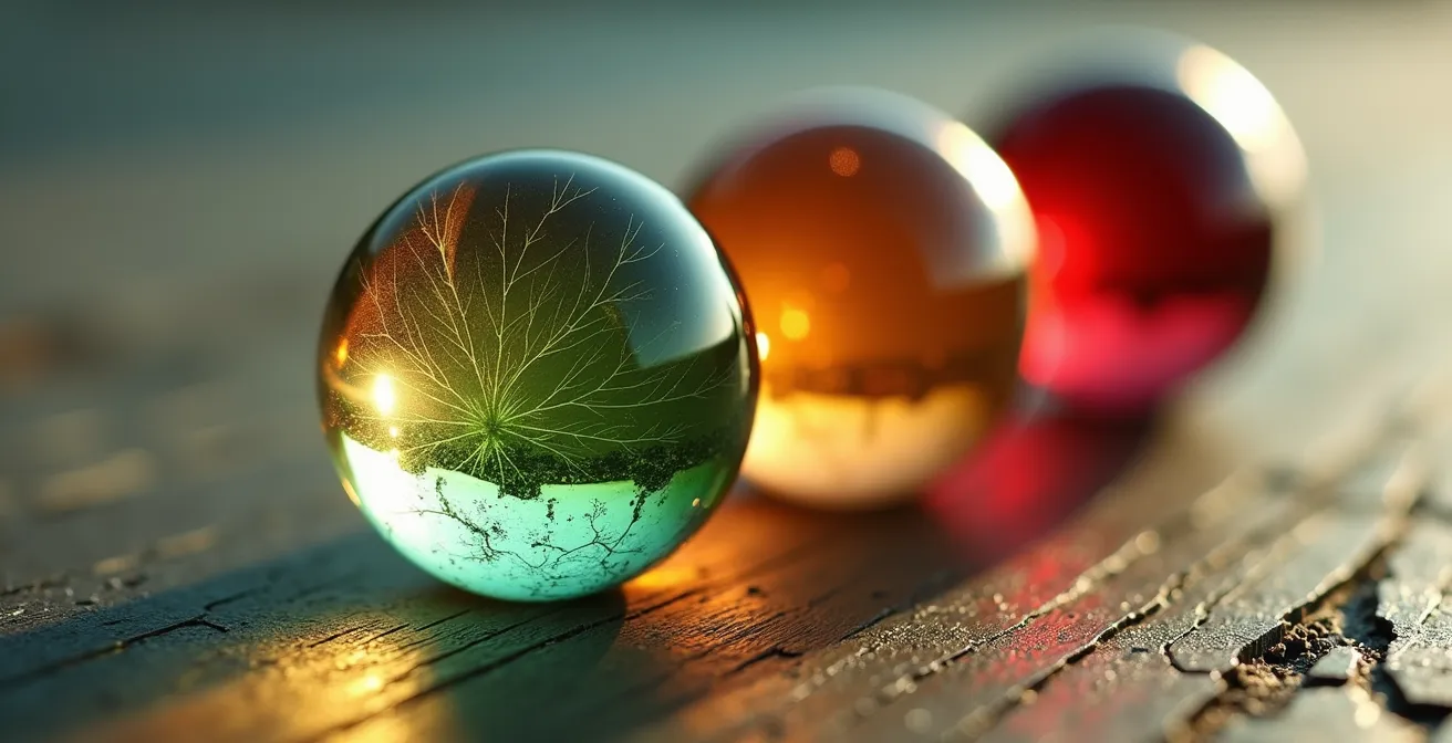 Makroaufnahme von drei Glasmurmeln in Ampelfarben auf Holzoberfläche symbolisieren Eskalationsstufen