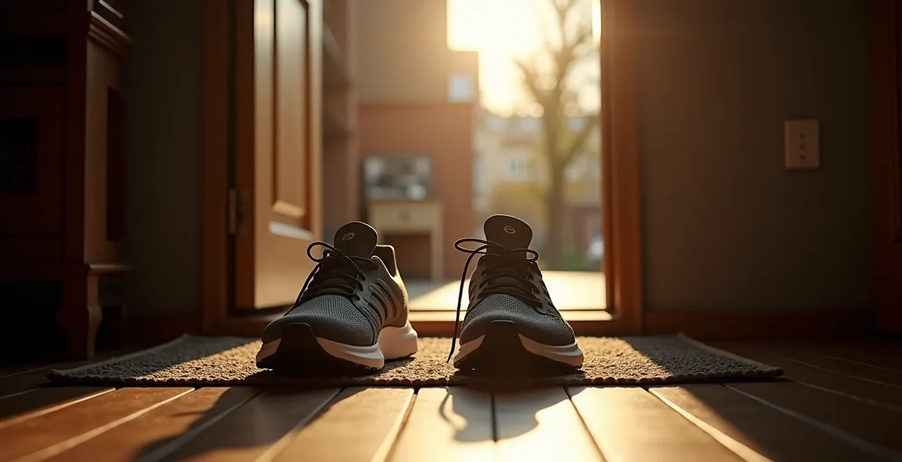 Sportschuhe an der Haustür bereitgestellt als Symbol für den ersten Schritt