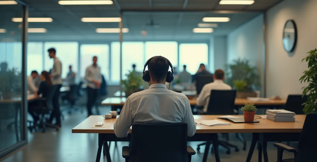 Büroszenario zeigt soziales Rückzugsverhalten als Warnsignal in einem deutschen Büro