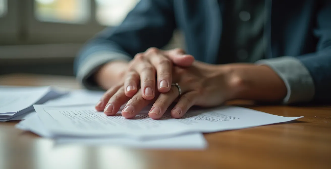 Nahaufnahme erschöpfter Hände auf Bürotisch zeigt Überlastung