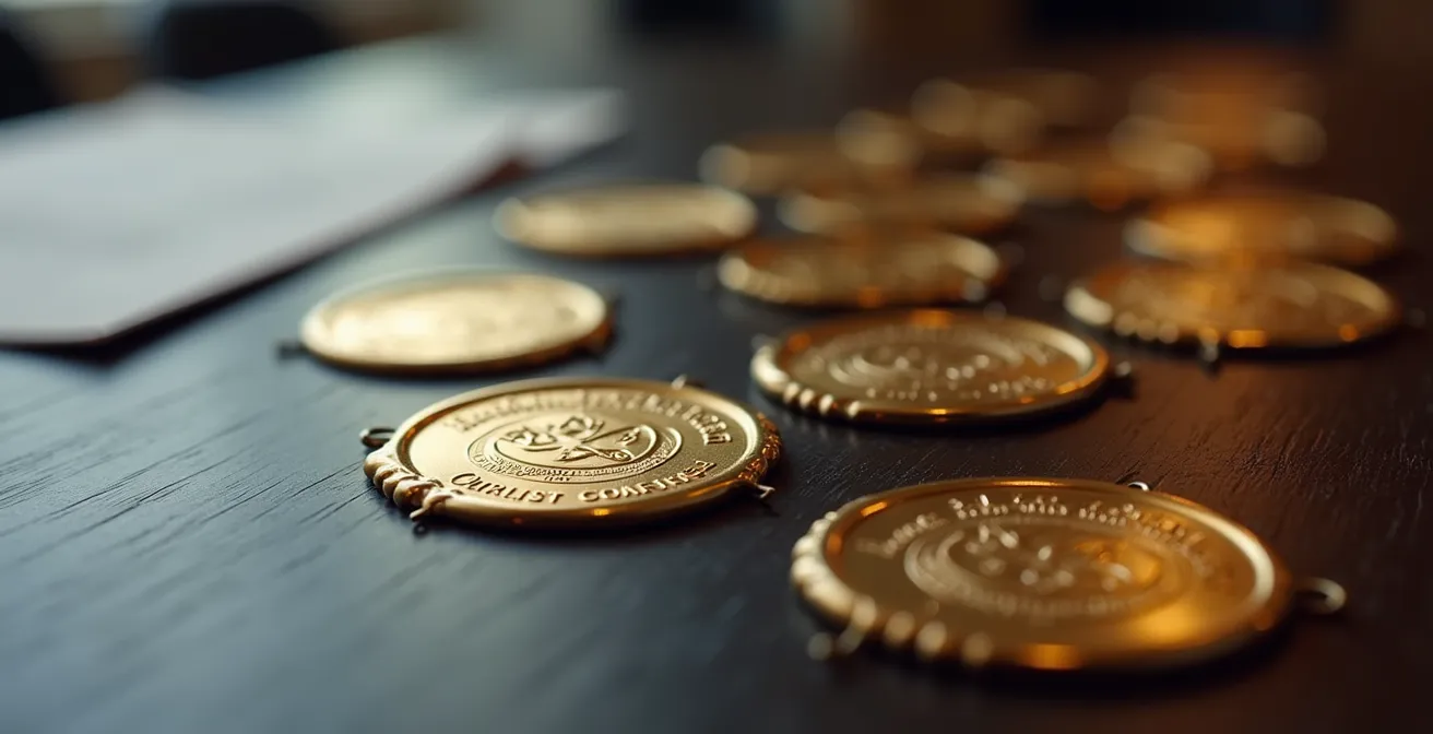 Nahaufnahme von Coaching-Zertifikaten und Qualitätssiegeln auf Schreibtisch