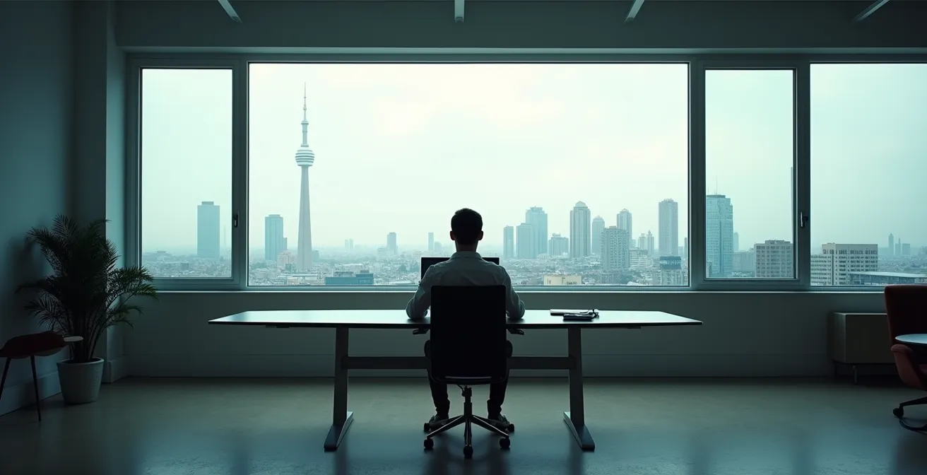 Gegenüberstellung von modernem Büroarbeitsplatz und evolutionärer Stressreaktion