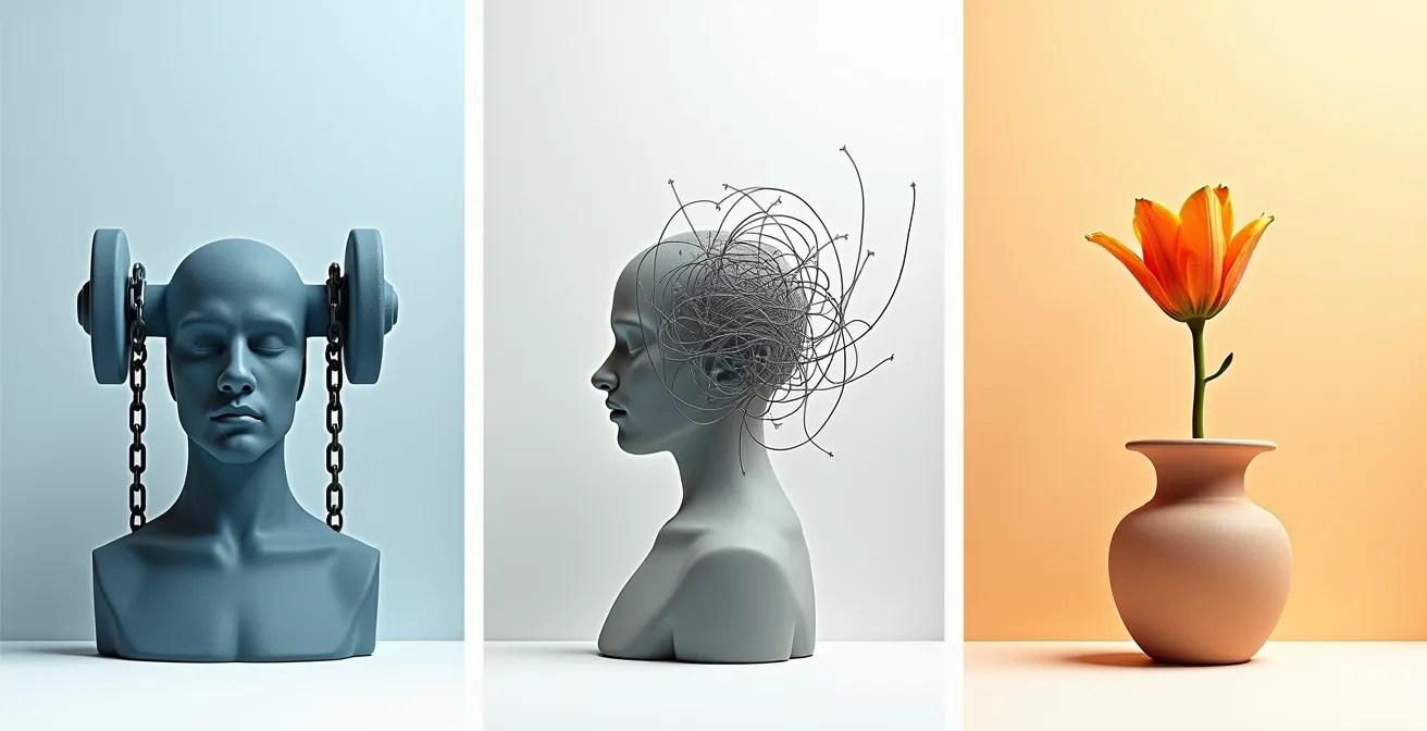 Visualisierung der drei Erschöpfungsformen: körperlich, geistig und emotional