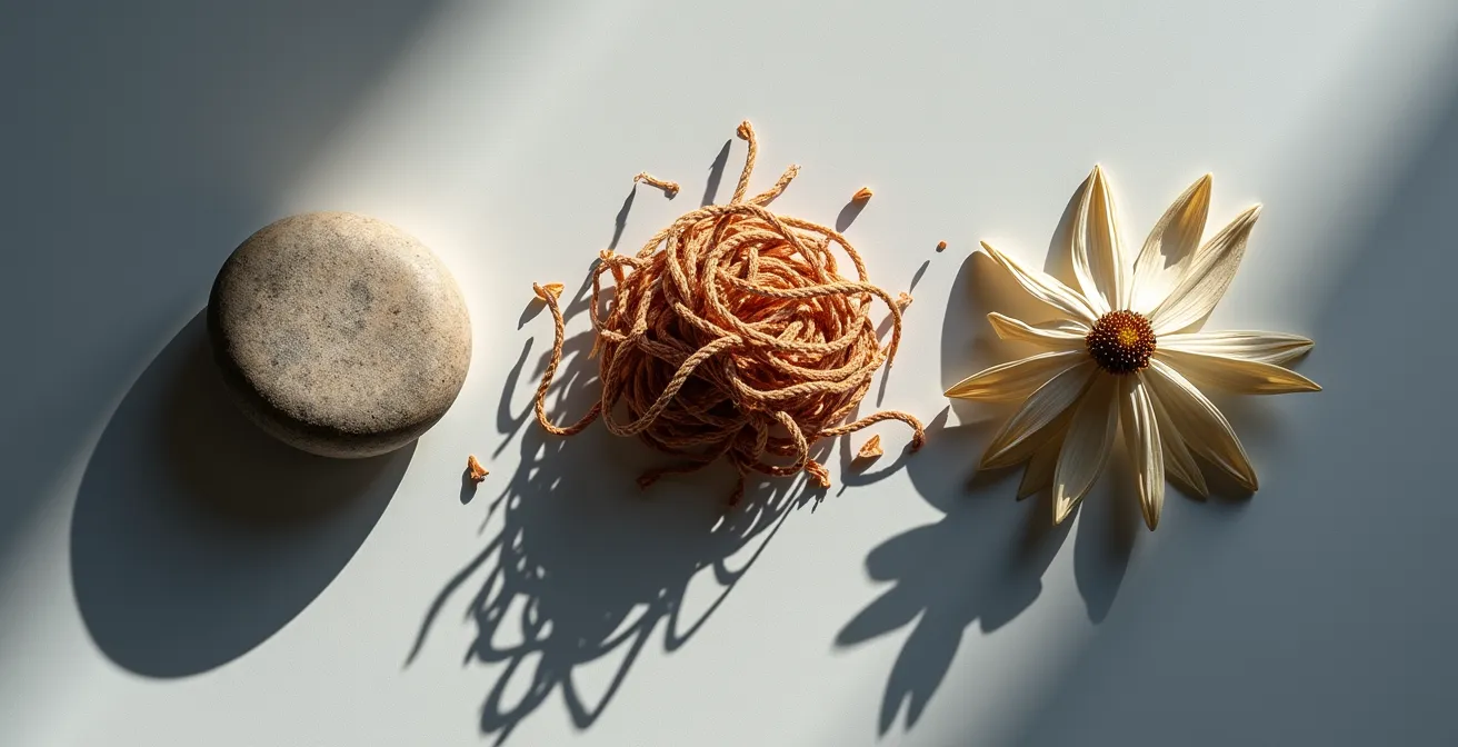 Symbolische Darstellung der drei Erschöpfungsformen: Steine für körperliche, Fäden für geistige und welke Blätter für emotionale Erschöpfung.