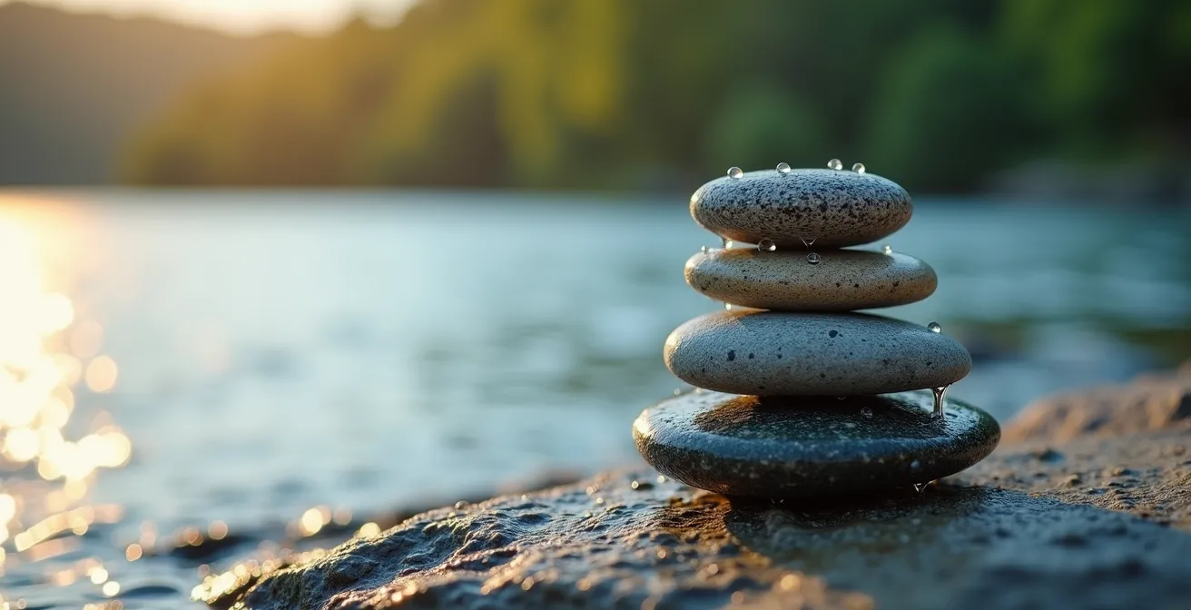 Nahaufnahme von drei ausbalancierten Steinen am Seeufer