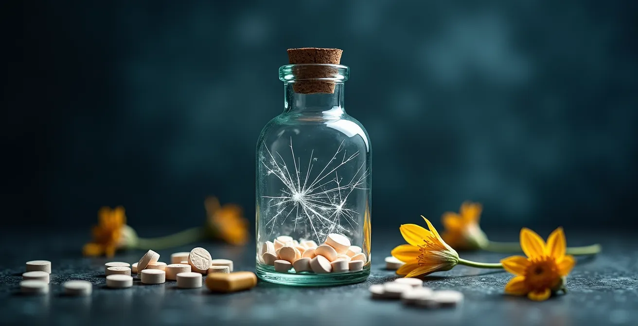 Abstrakte Darstellung unterdrückter Emotionen, die sich als Risse in einem Glas manifestieren und zu körperlichen Symptomen führen.