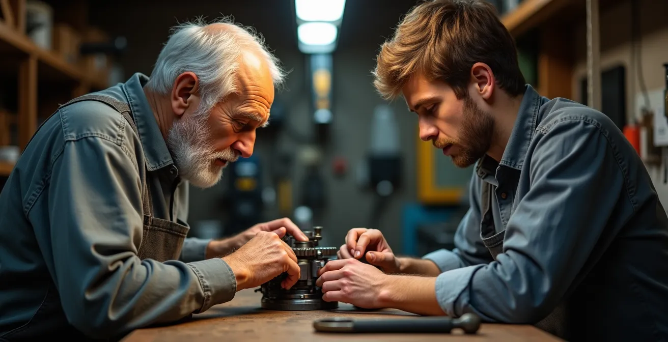Gegenüberstellung eines erfahrenen Handwerkers und eines Anfängers bei der Arbeit