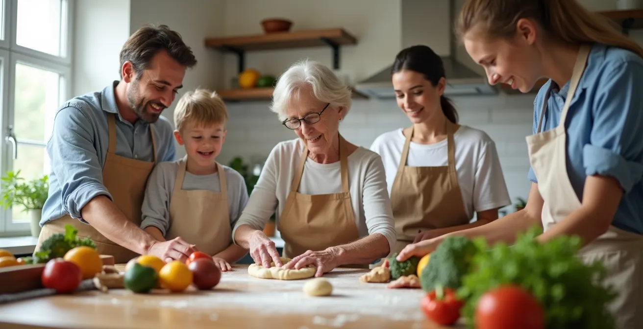 Familie bei gemeinsamen Aktivitäten in verschiedenen Alltagssituationen