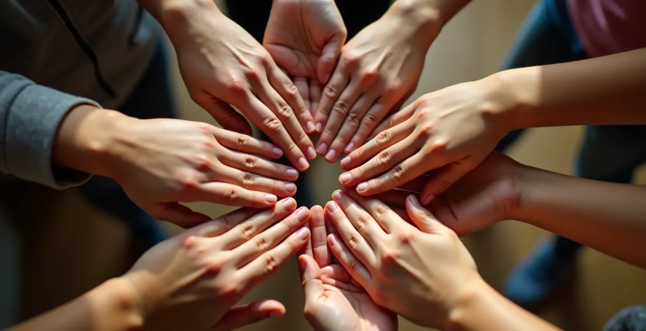 Familie sitzt im Kreis auf dem Boden eines gemütlichen Wohnzimmers beim abendlichen Austausch