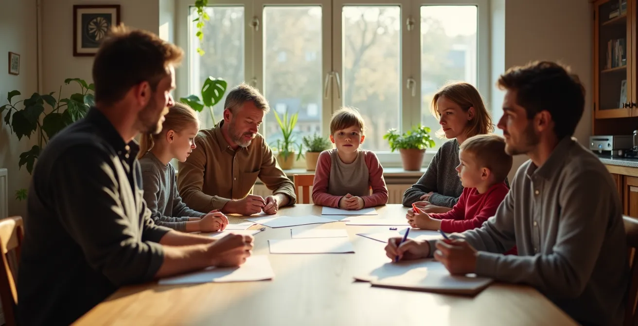 Eine Familie sitzt beim wöchentlichen Familienrat am Esstisch und trifft gemeinsam Entscheidungen.