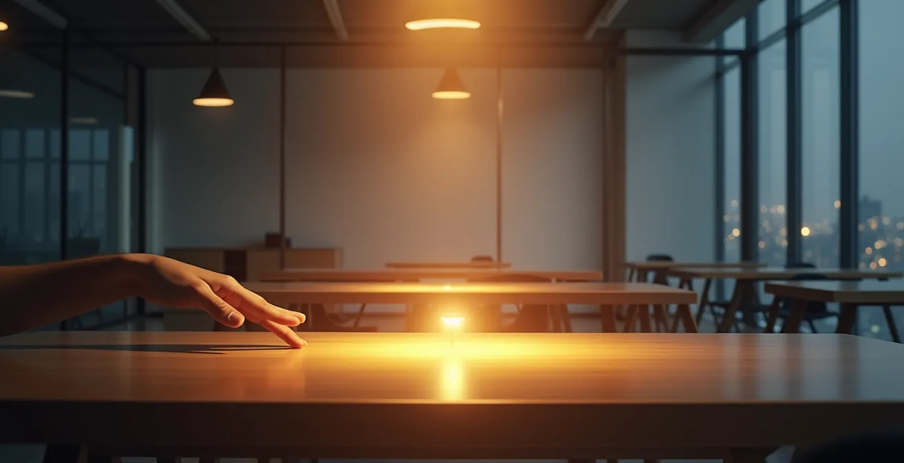 Minimalistischer Arbeitsplatz mit einzelnem Lichtstrahl auf ein Projektziel fokussiert