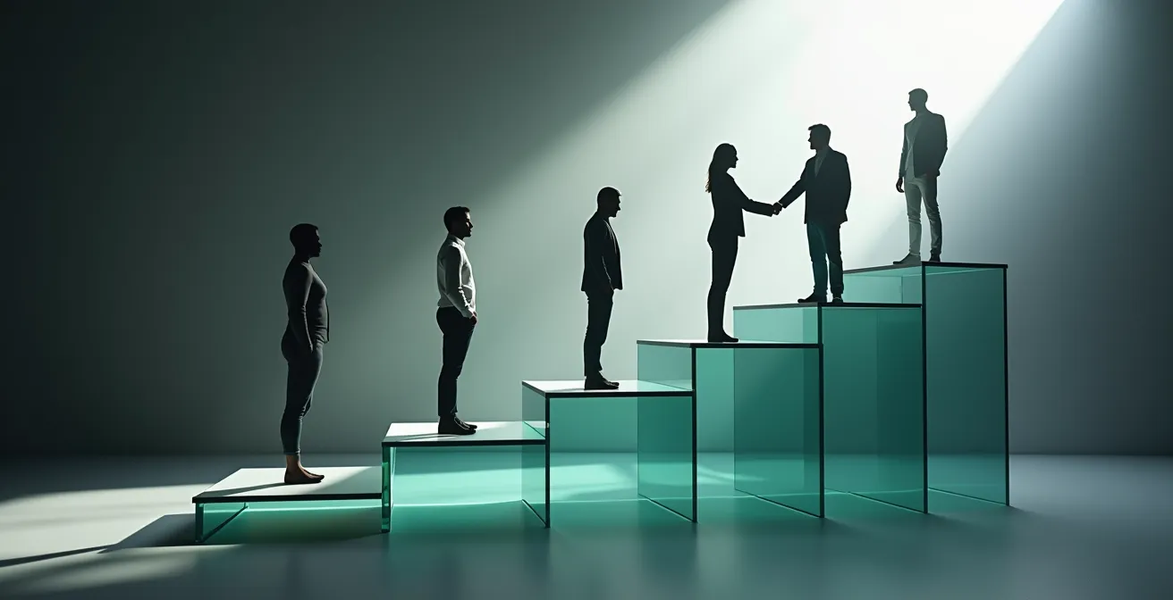 Visuelle Darstellung der fünf Mediationsphasen als aufsteigende Stufen mit Geschäftspersonen