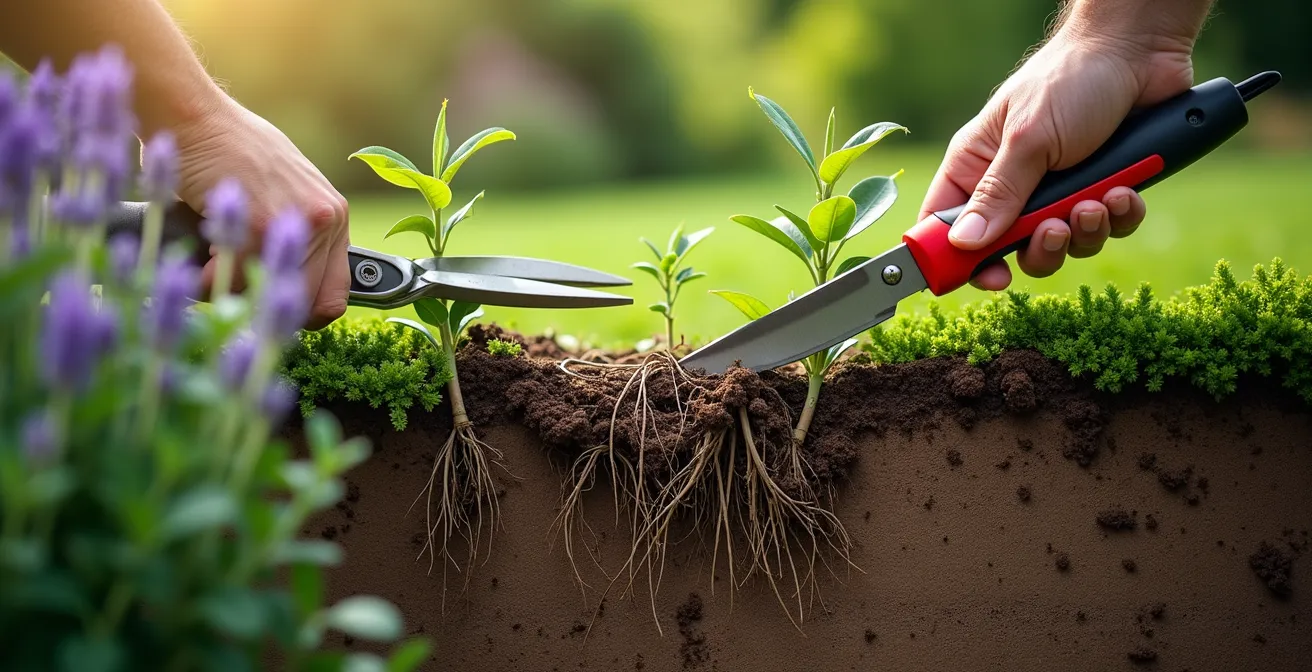 Metaphorische Darstellung der Garten-Unkraut-Analogie für therapeutische Ansätze: Links wird Unkraut an der Oberfläche geschnitten, rechts wird die tiefe Wurzel entfernt.