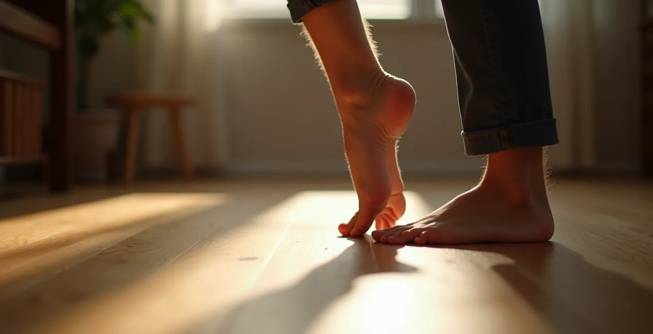 Eine Person macht den ersten kleinen, entschlossenen Schritt auf einem Weg, der von Morgenlicht erhellt wird.