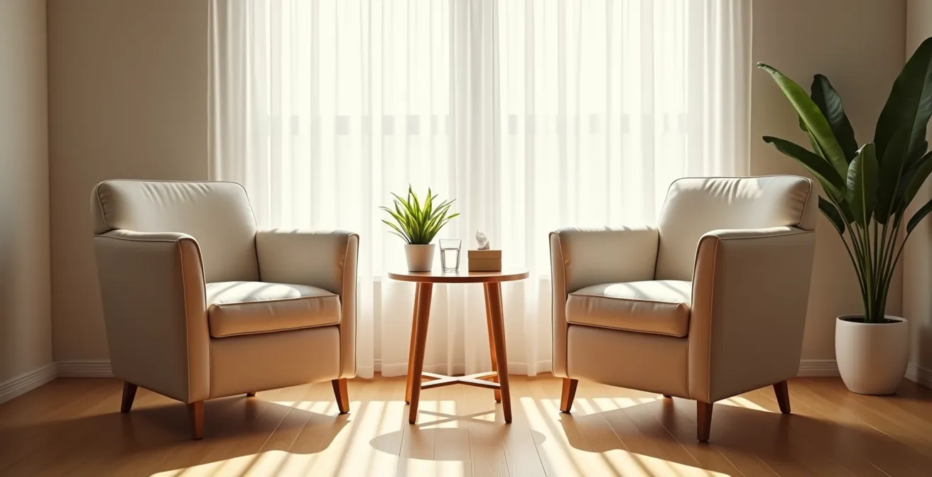 Zwei leere Stühle in einem hellen, einladenden Therapieraum in Deutschland, die Dialog und Hoffnung symbolisieren.