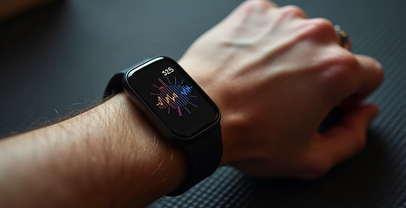 Nahaufnahme eines Wearables am Handgelenk, das eine abstrakte Grafik der Herzfrequenzvariabilität anzeigt.