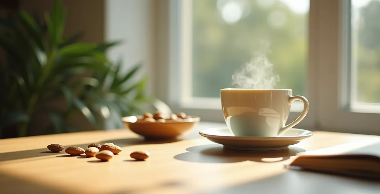 Minimalistische Büroumgebung mit Teetasse statt Kaffee als Symbol für bewusste Wahl