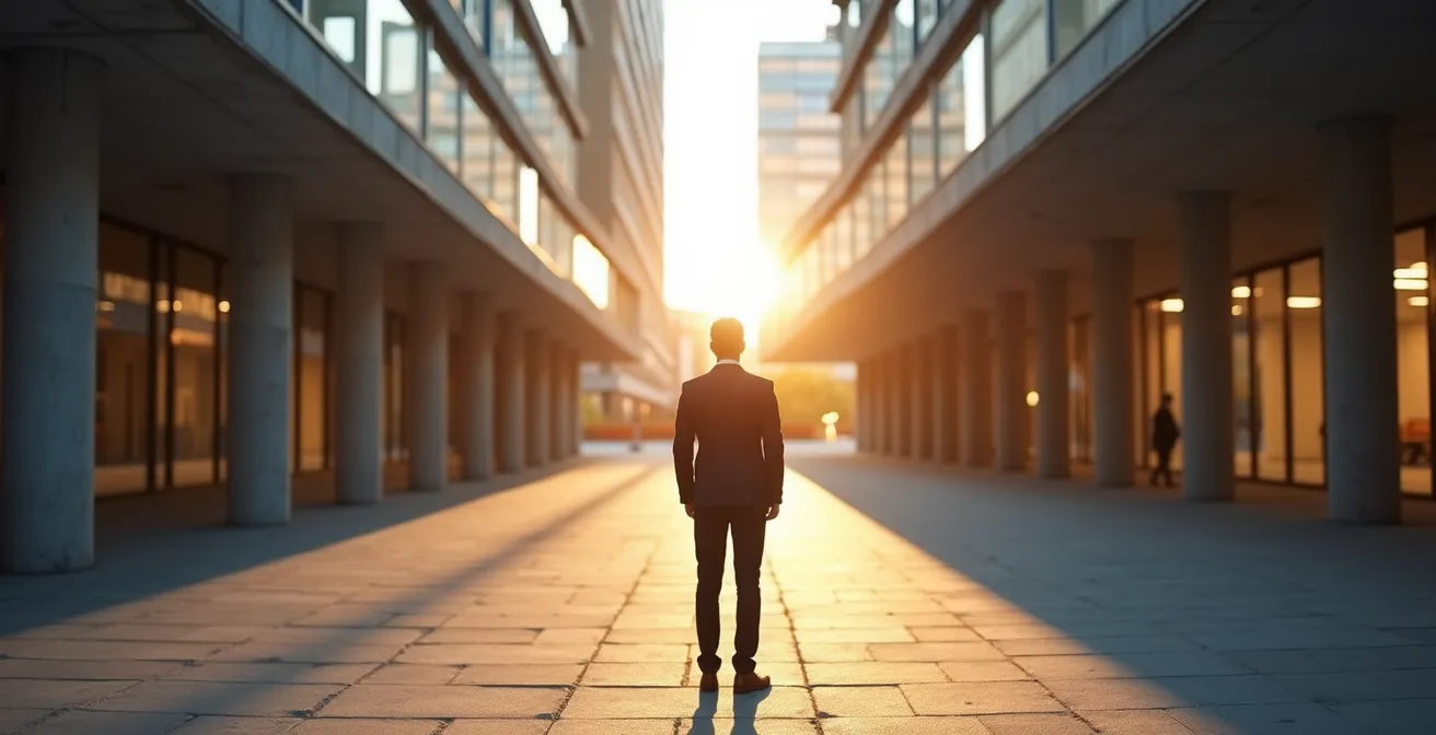 Person an beruflichem Scheideweg mit symbolischer Wegkreuzung