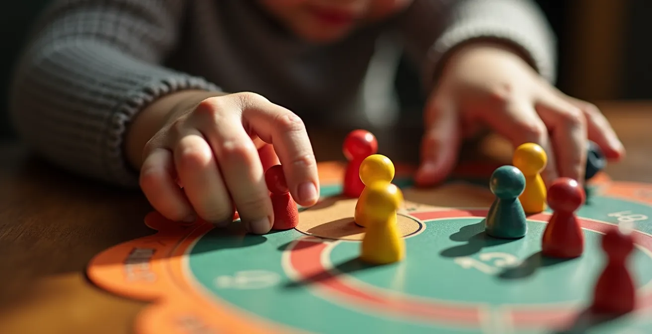 Ein Kind lernt, mit der Frustration bei einem Brettspiel umzugehen, was seine emotionale Regulation stärkt.