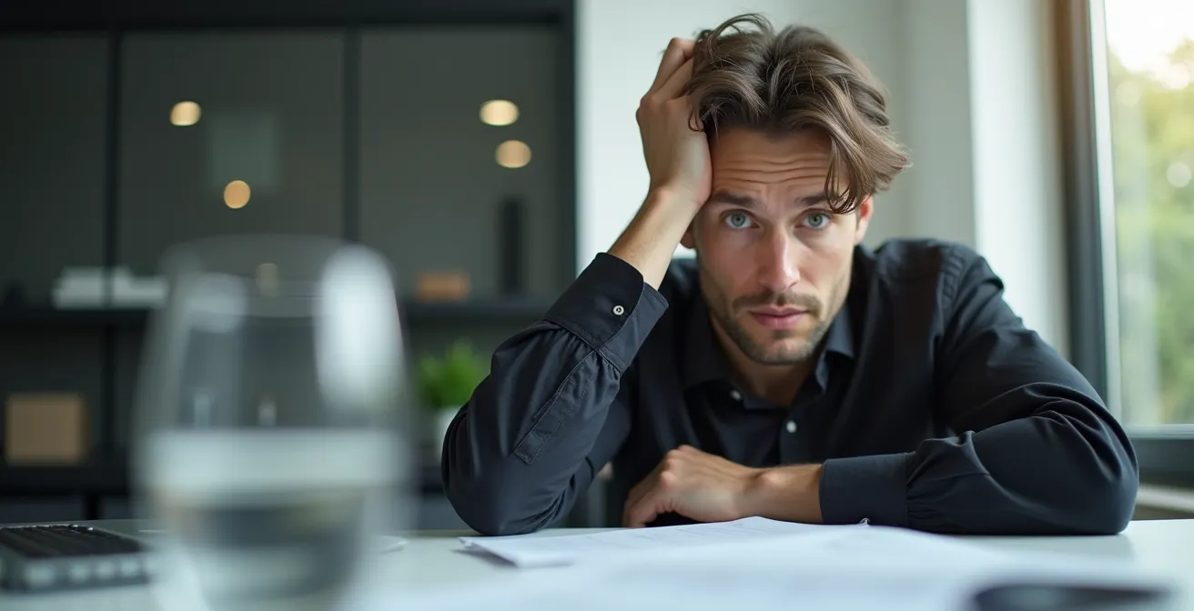 Symbolische Darstellung kognitiver Erschöpfung bei einem Berufstätigen, der erschöpft am Schreibtisch sitzt, umgeben von visuellen Warnsignalen.