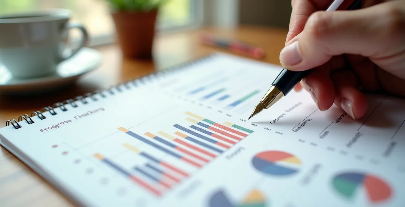 Nahaufnahme einer Hand, die Fortschritte in einem Notizbuch mit farbigen Diagrammen dokumentiert