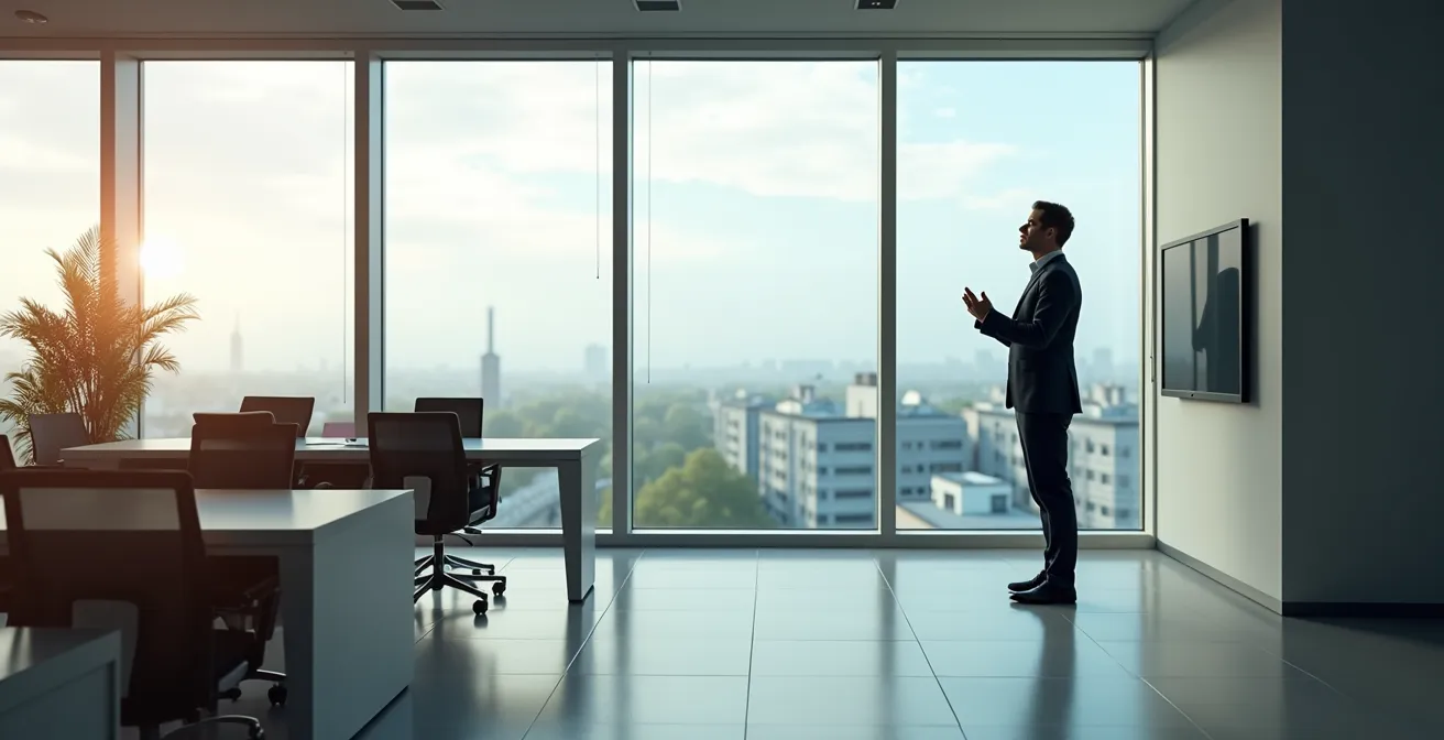 Geschäftsmann nutzt kurze Pause für Atemübung im Büro