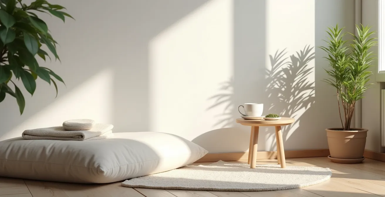 Ein ruhiger Rückzugsraum in einem deutschen Zuhause, minimalistisch gestaltet zur Stressreduktion.