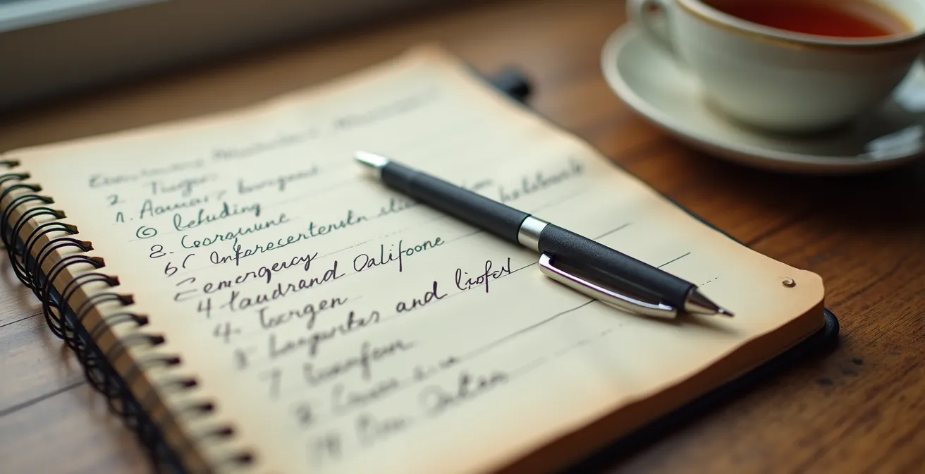 Aufgeschlagenes Notizbuch mit handschriftlichen Notizen und Telefonnummern auf einem Holztisch