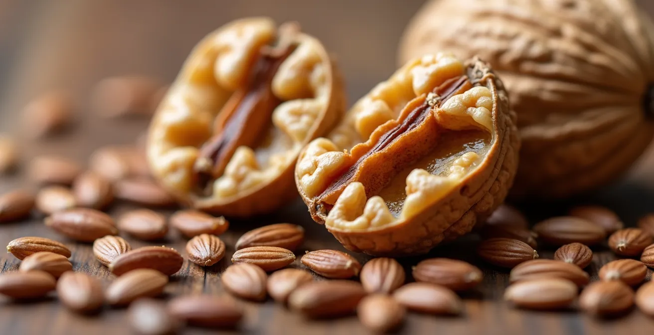 Makroaufnahme von Walnüssen und Leinsamen mit sichtbaren Texturen