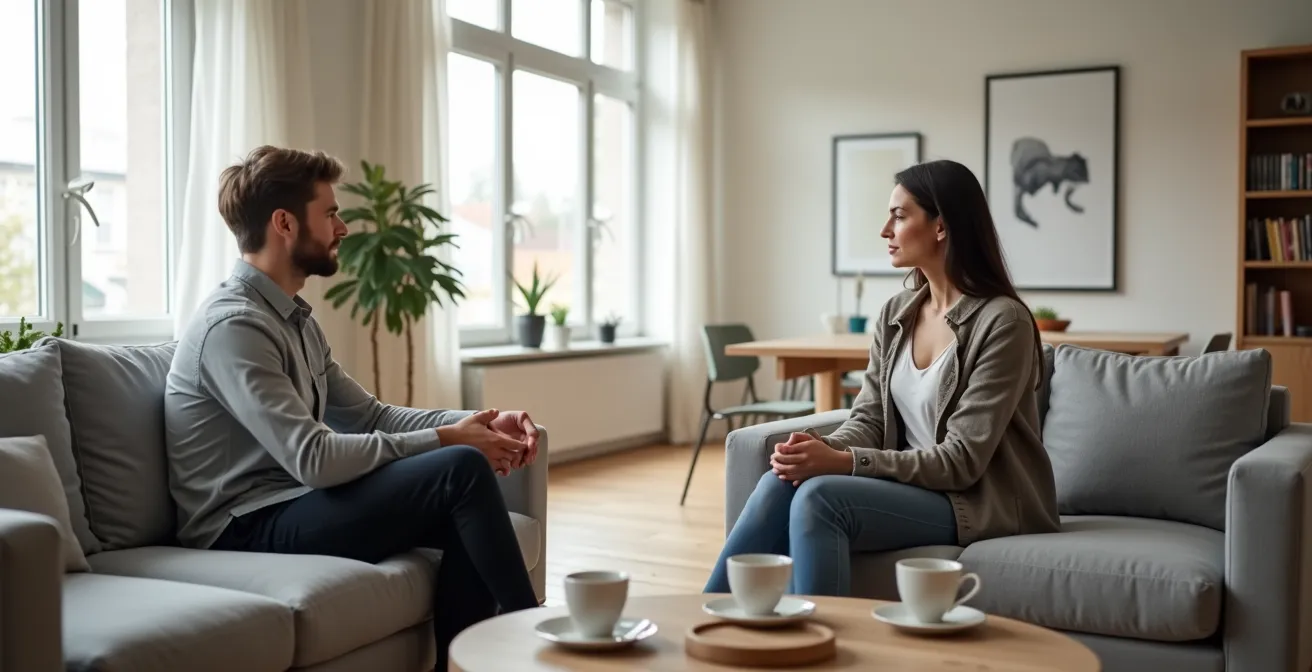 Paar in ruhigem Gespräch zur Konfliktlösung im Wohnzimmer