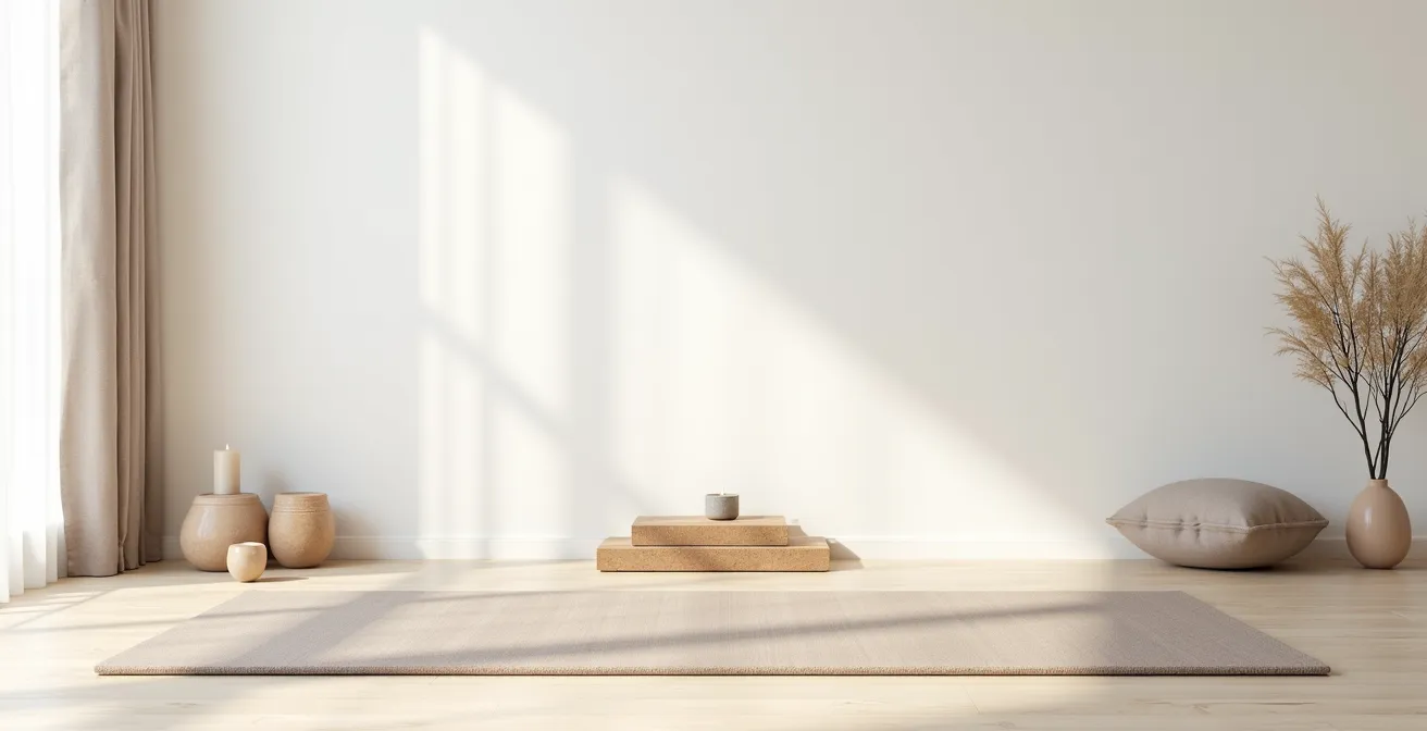 Visueller Vergleich der drei Entspannungsmethoden PMR, Yoga und Meditation in minimalistischen Übungsräumen