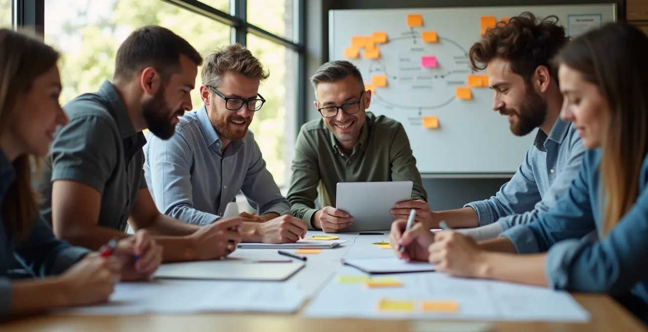 Workshop-Situation mit Mitarbeitern bei der gemeinsamen Prozessanalyse und Identifikation von Belastungsfaktoren