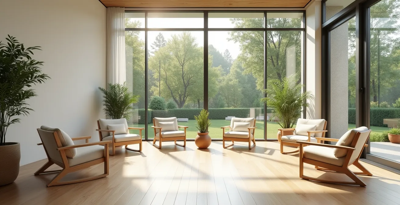 Weitläufiger Therapieraum einer psychosomatischen Klinik mit Blick in einen ruhigen Garten