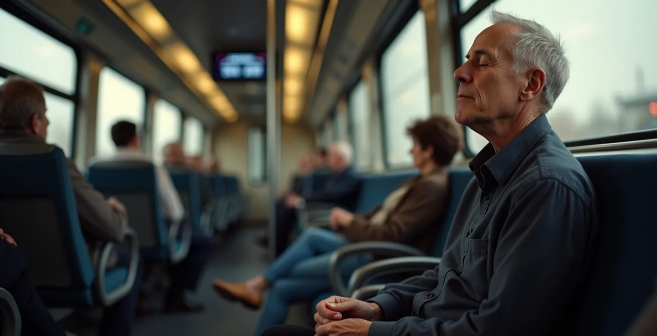 Person praktiziert radikale Akzeptanz zur schnellen Emotionsregulation in einem verspäteten Zug.