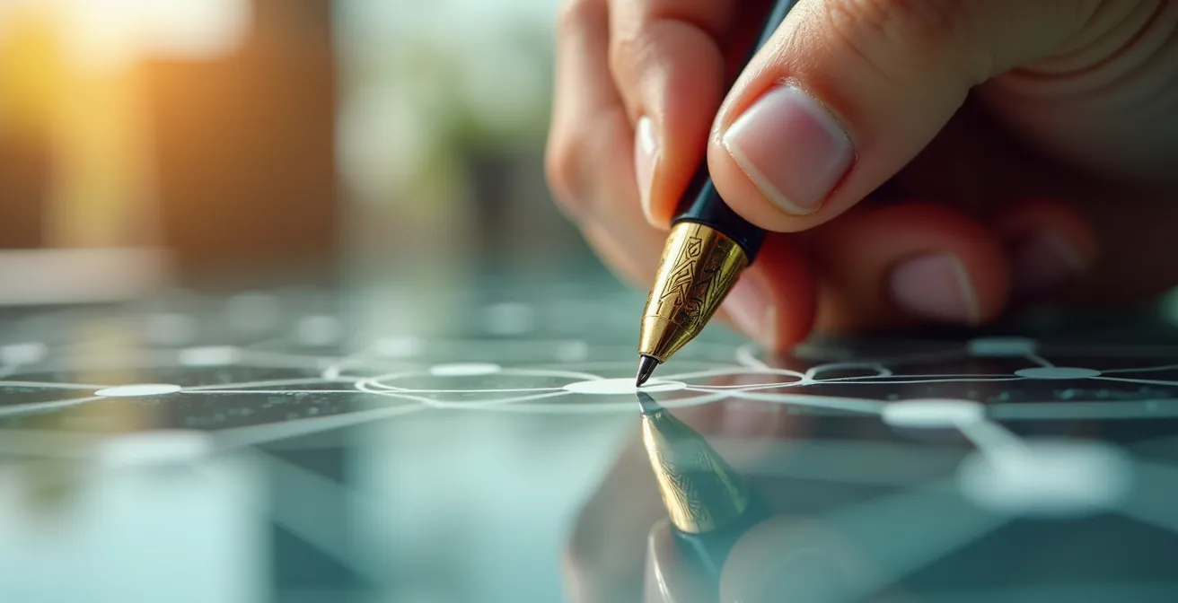 Nahaufnahme einer Hand, die mit goldenem Stift SMART-ER Ziele auf transparentes Glas schreibt