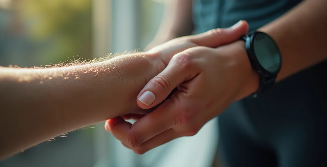 Nahaufnahme einer Hand am Puls während des Trainings zur Intensitätsmessung