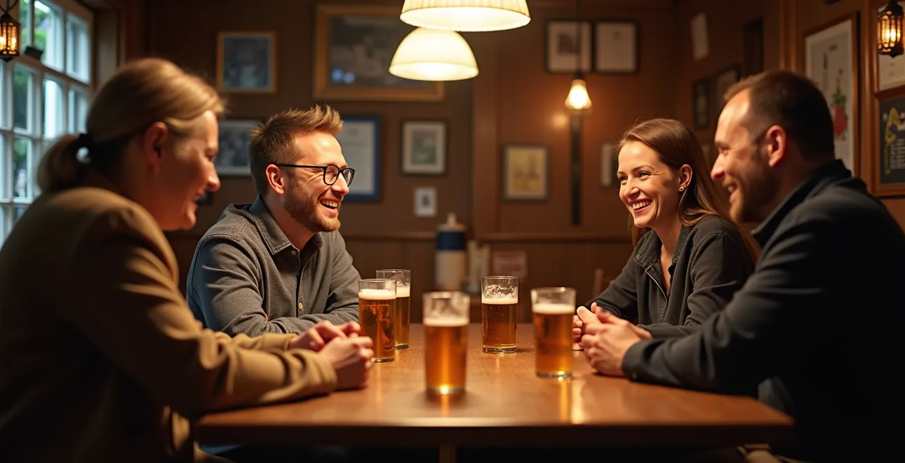 Gemütlicher Stammtisch in deutscher Gaststätte mit Menschen im Gespräch