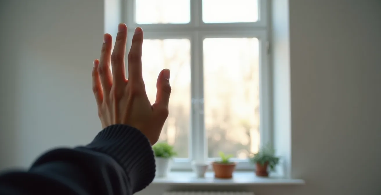 Hand zeigt Stopp-Geste vor verschwommenem Hintergrund