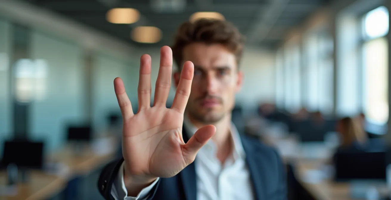Hand in Stopp-Geste vor verschwommenem Büro-Hintergrund