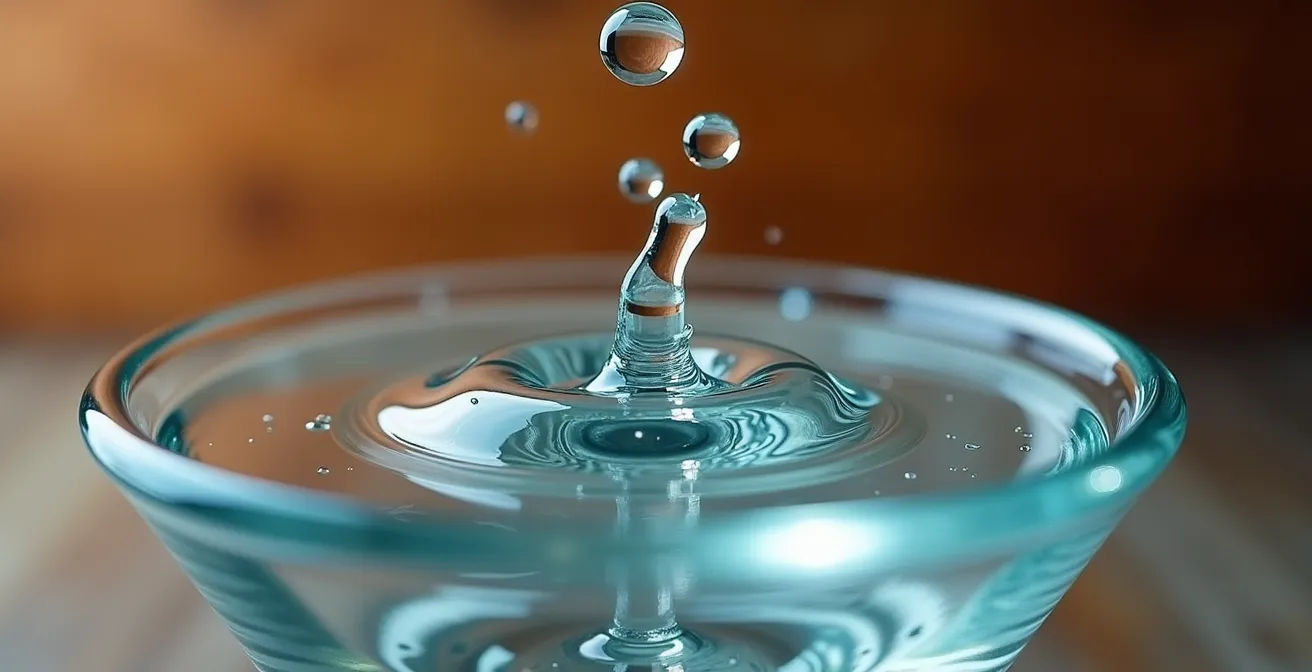 Makroaufnahme von Wassertropfen auf einer überfüllten Glasoberfläche, kurz vor dem Überlaufen