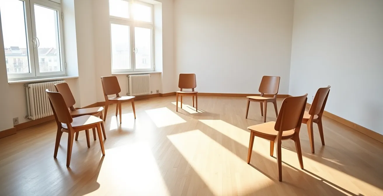 Leerer Stuhlkreis symbolisiert verschiedene Positionen im Familiensystem