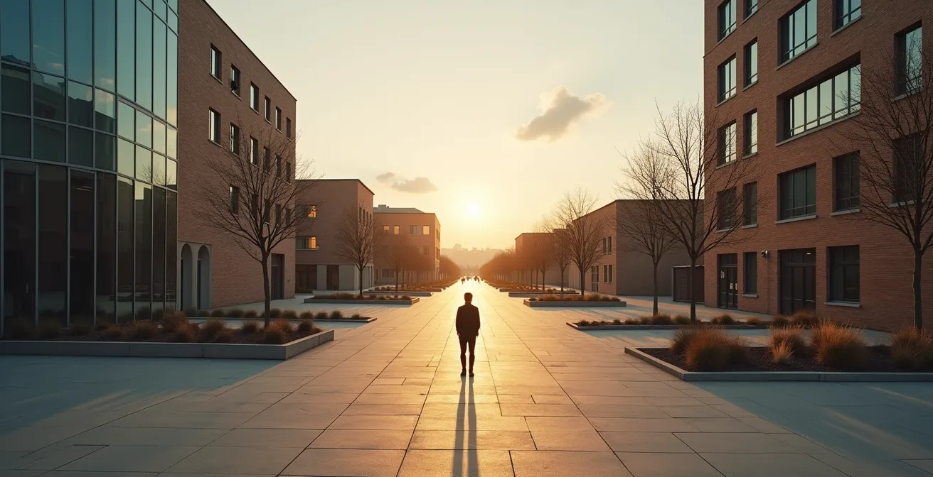 Weitwinkelaufnahme eines Menschen an einer Wegkreuzung mit verschiedenen Umgebungen