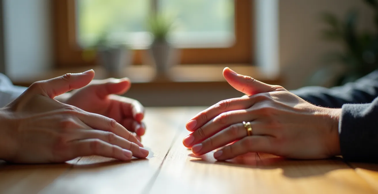 Nahaufnahme von Händen während eines therapeutischen Gesprächs symbolisiert Vertrauen